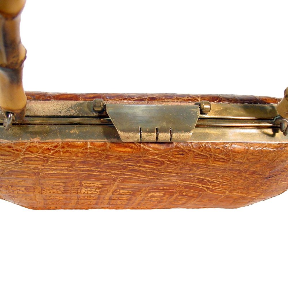 VINTAGE ALLIGATOR 40's 50's Bamboo Handle Kisslock Hardframe Mini Bag - Picture 5 of 12